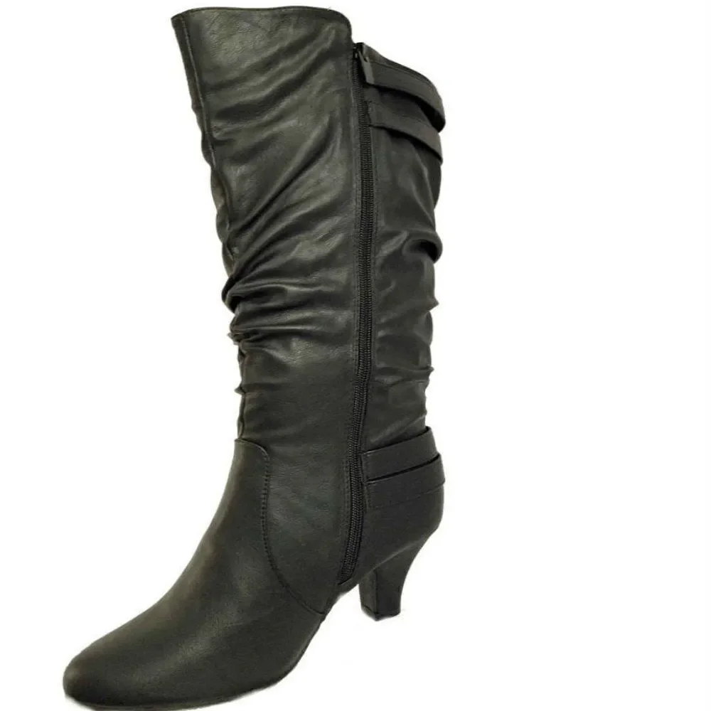 NWT Box Top Moda Page-43 Mid Calf Round Toe Slouched High Heel pu Leather Boots
